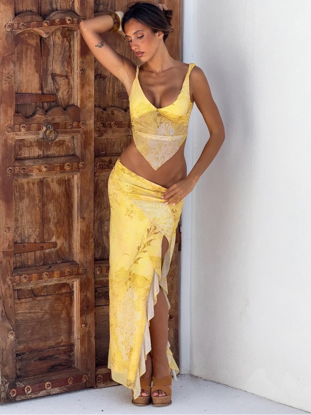 Tiger Mist Yellow Floral Maxi Dress Two-Piece Set